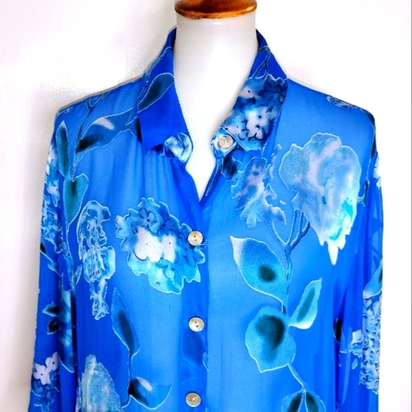Multiples Tops - SHEER CUT VELVET BLUE ROSES BLOUSE